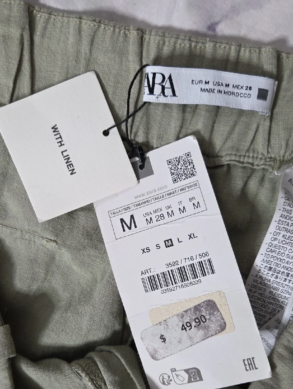 Zara Sage Green Linen Blend Cargo Pants